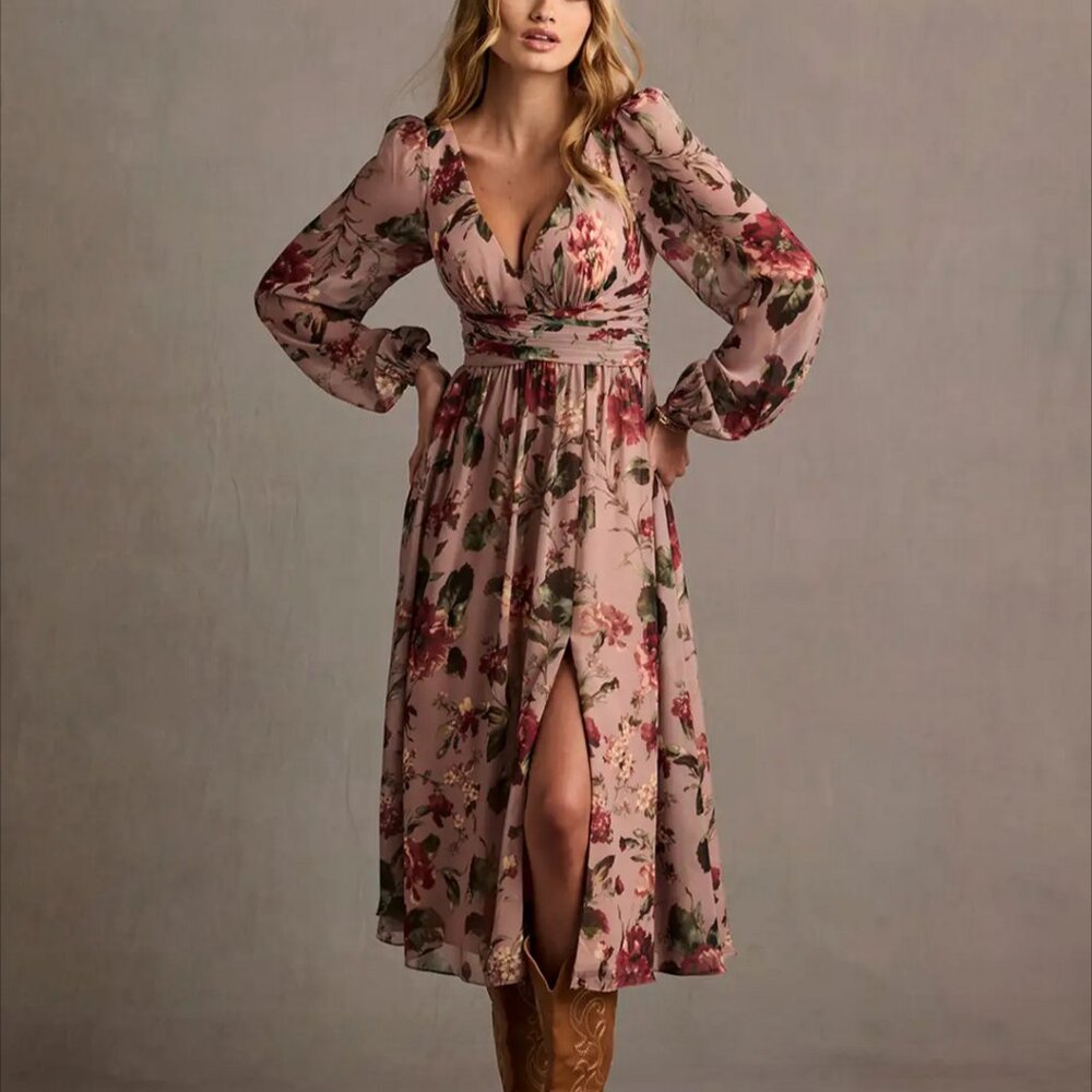 NWT Azazie Stevie Midi Dress Mauve Floral Elegant Fairycore Sheer Chiffon 12 - Picture 3 of 13